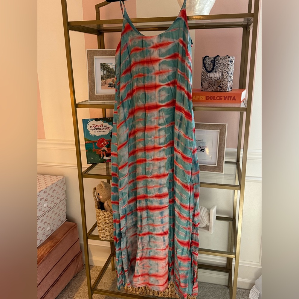 Sleeveless Red & Teal Tie-Dye Maxi Dress